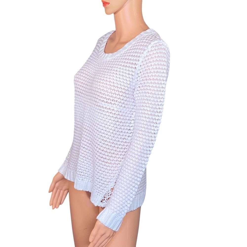 Open Knit White Sweater Lace Side Panels Long Sleeve Rounded Neck Line Size Med - Picture 4 of 5